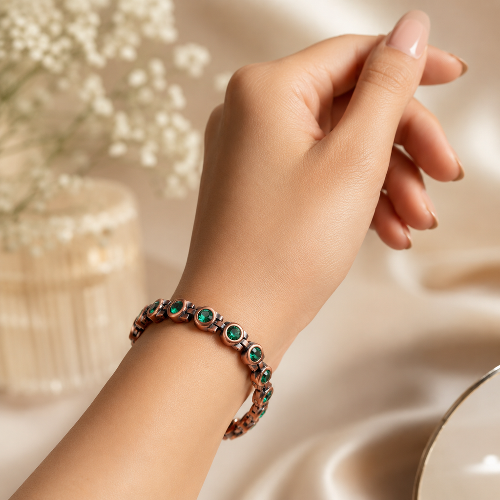Retro Red Pure Copper Magnetic Therapy Bracelet With Transparent Crystals Unisex