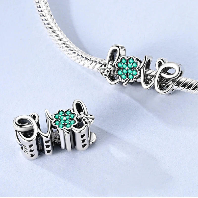 Lucky Clover Charms Bead 925 Sterling Silver Green Zircon Love Four-leaf
