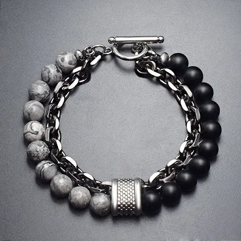 Tiger Eye Stone Beaded Bracelet Stainless Steel Gunmetal Link Chain