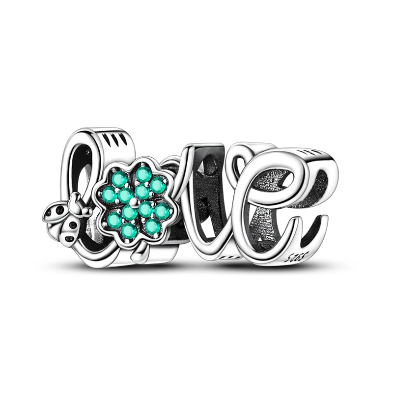 Lucky Clover Charms Bead 925 Sterling Silver Green Zircon Love Four-leaf