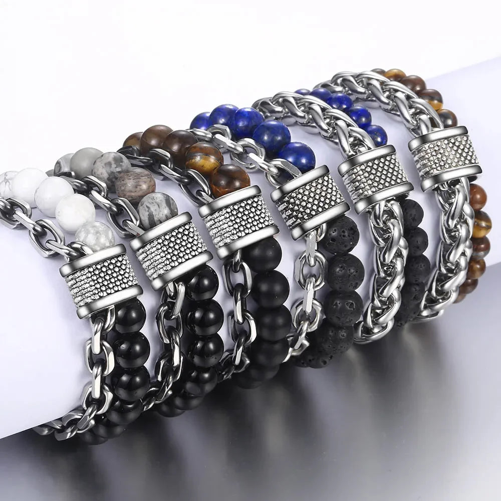 Tiger Eye Stone Beaded Bracelet Stainless Steel Gunmetal Link Chain