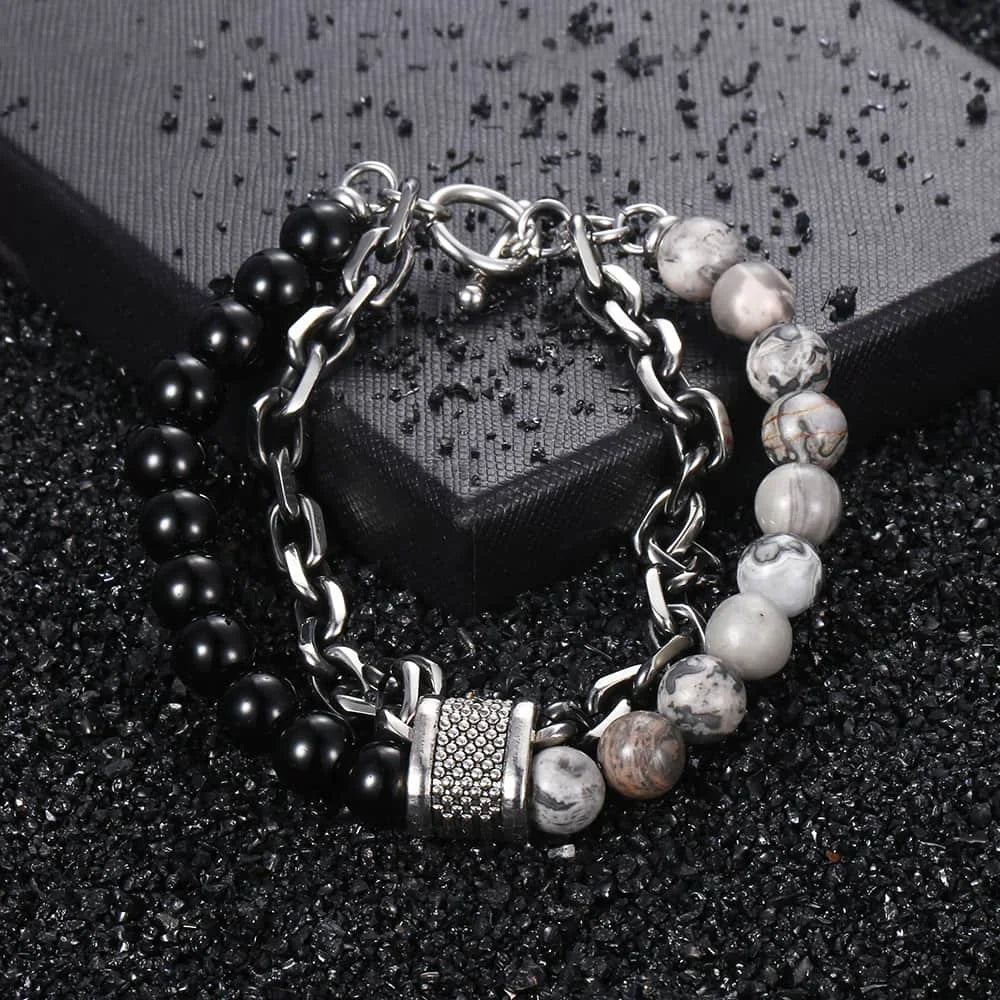 Tiger Eye Stone Beaded Bracelet Stainless Steel Gunmetal Link Chain