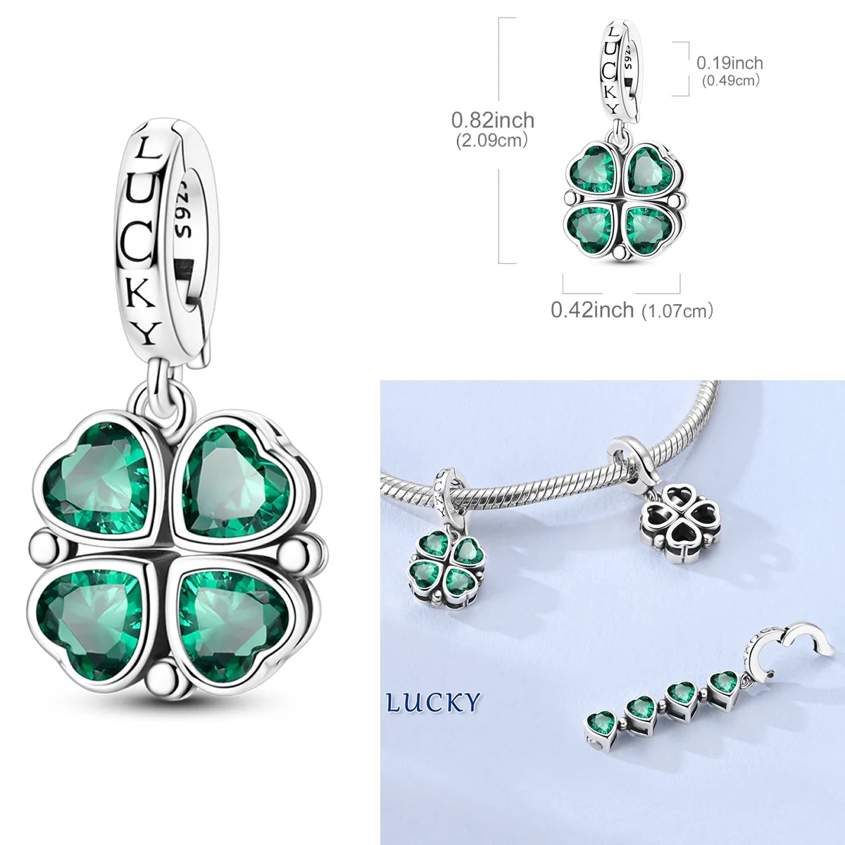 Lucky Clover Charms Bead 925 Sterling Silver Green Zircon Love Four-leaf