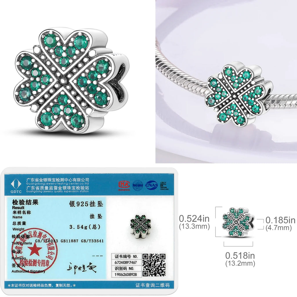 Lucky Clover Charms Bead 925 Sterling Silver Green Zircon Love Four-leaf