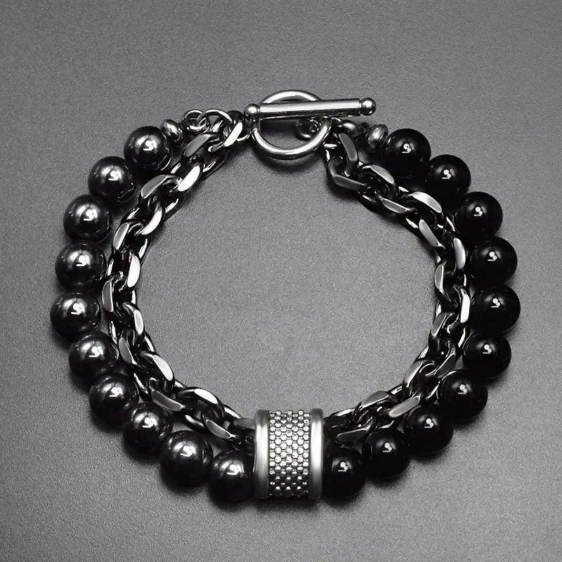 Tiger Eye Stone Beaded Bracelet Stainless Steel Gunmetal Link Chain