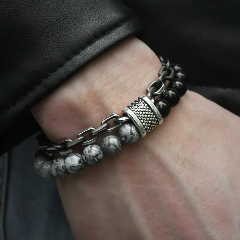 Tiger Eye Stone Beaded Bracelet Stainless Steel Gunmetal Link Chain