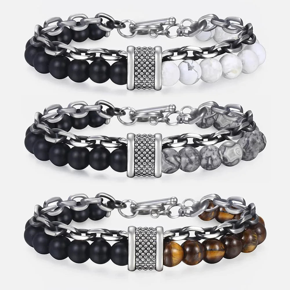Tiger Eye Stone Beaded Bracelet Stainless Steel Gunmetal Link Chain