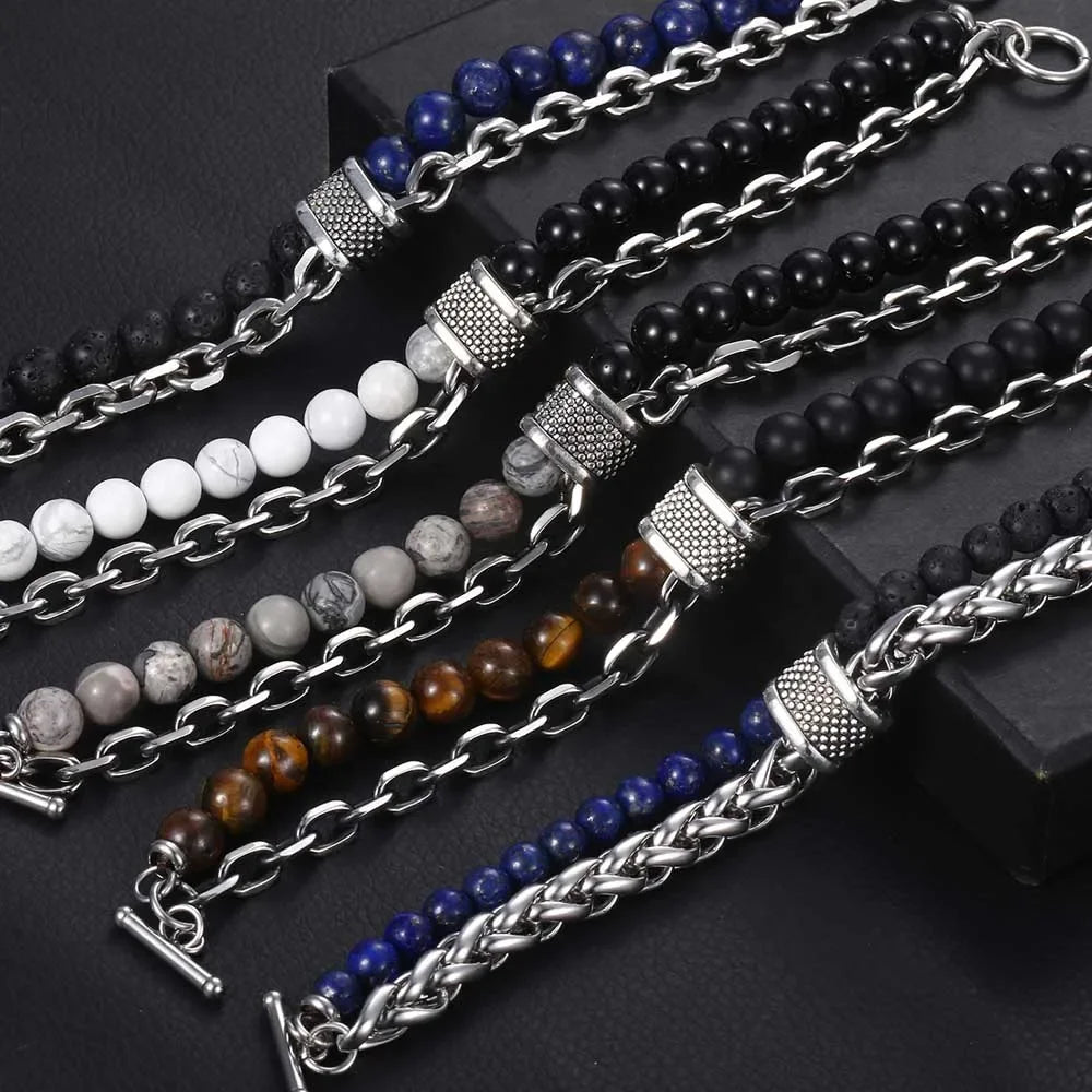 Tiger Eye Stone Beaded Bracelet Stainless Steel Gunmetal Link Chain