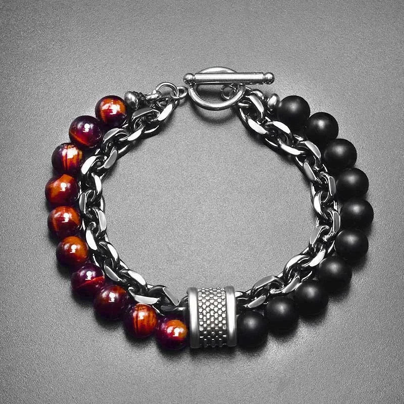 Tiger Eye Stone Beaded Bracelet Stainless Steel Gunmetal Link Chain