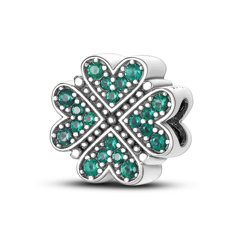 Lucky Clover Charms Bead 925 Sterling Silver Green Zircon Love Four-leaf