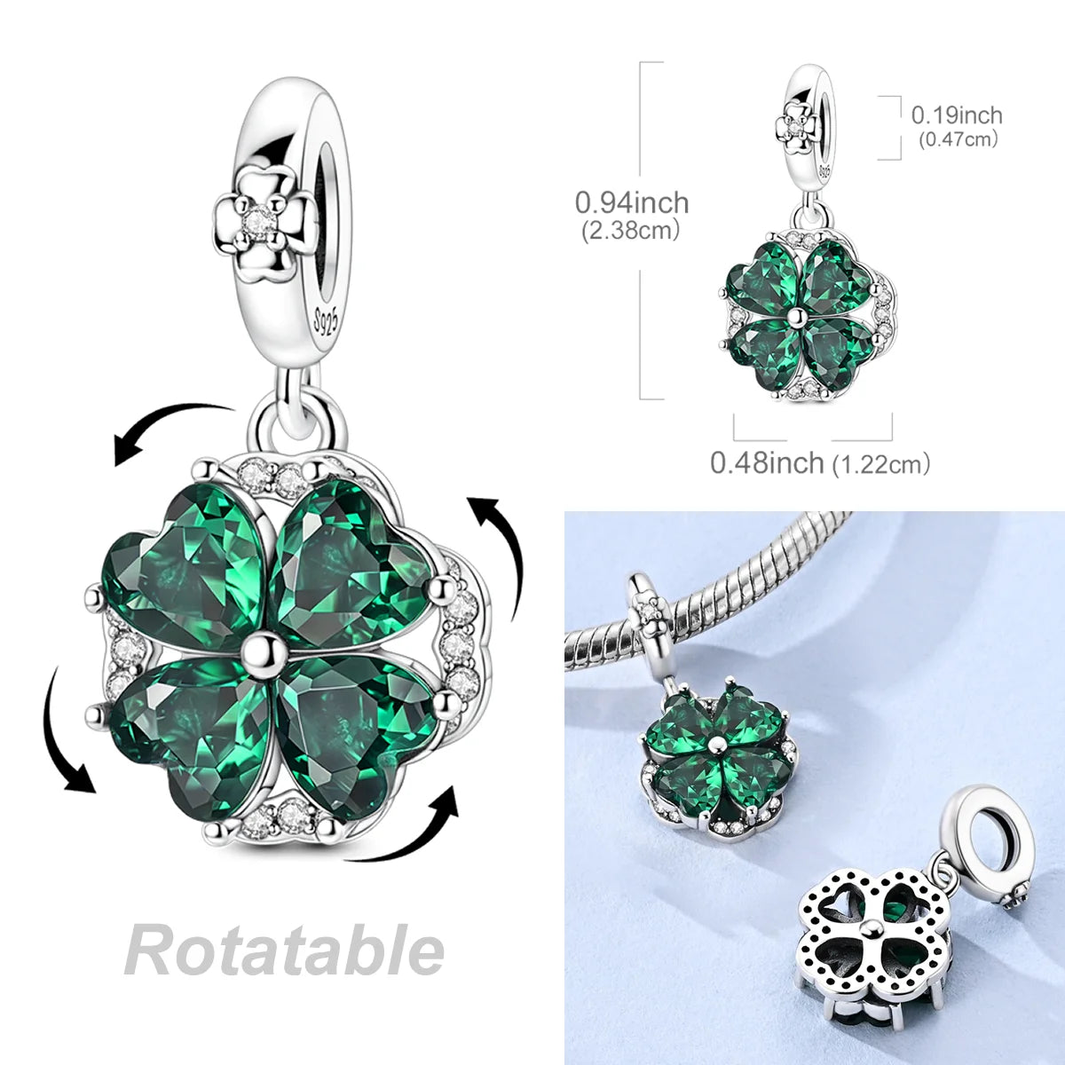Lucky Clover Charms Bead 925 Sterling Silver Green Zircon Love Four-leaf