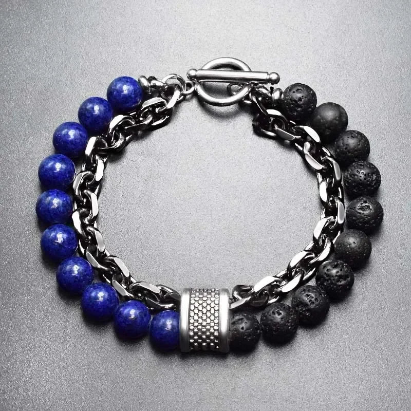 Tiger Eye Stone Beaded Bracelet Stainless Steel Gunmetal Link Chain