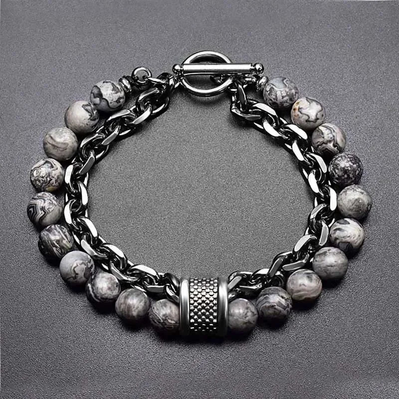 Tiger Eye Stone Beaded Bracelet Stainless Steel Gunmetal Link Chain