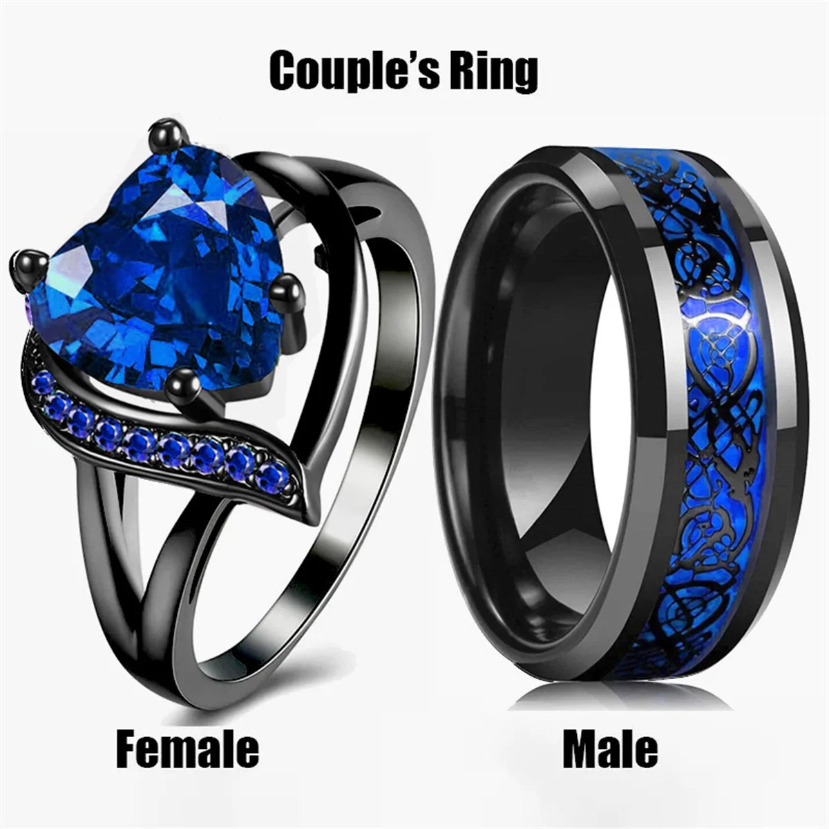 Couple Romantic  Rings Women Heart Blue Rhinestones Zircon Ring Men Stainless Steel Celtic Dragon Ring