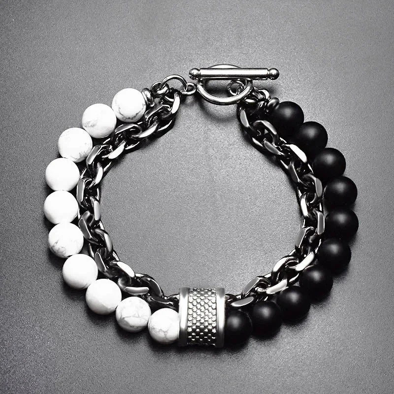 Tiger Eye Stone Beaded Bracelet Stainless Steel Gunmetal Link Chain