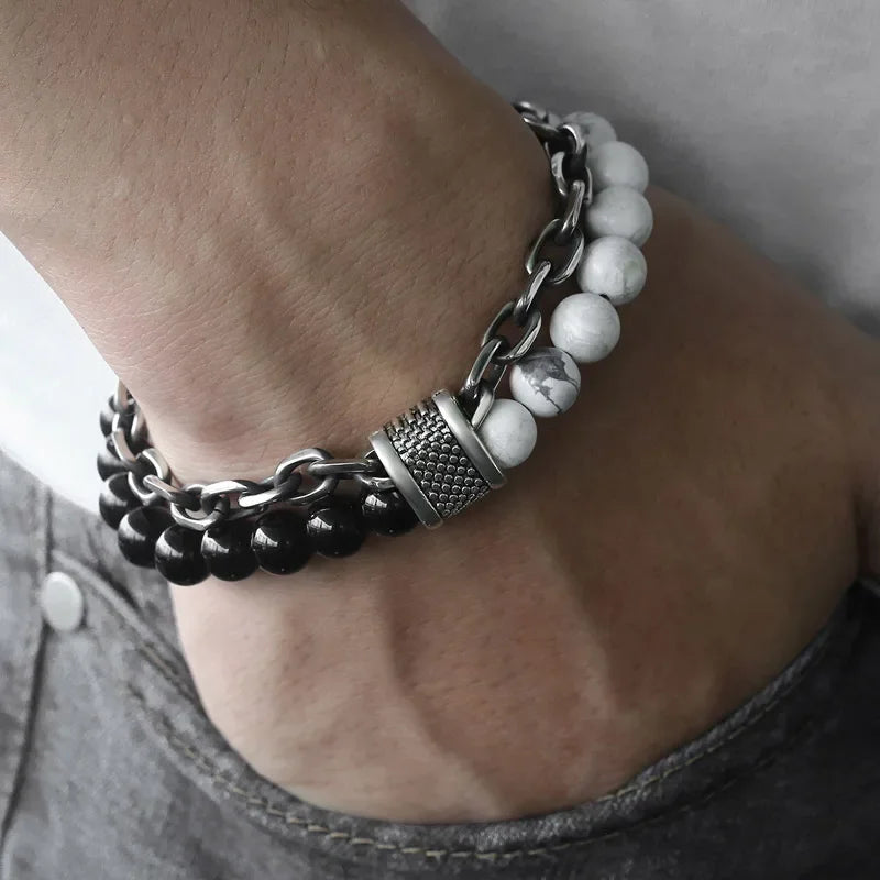 Tiger Eye Stone Beaded Bracelet Stainless Steel Gunmetal Link Chain