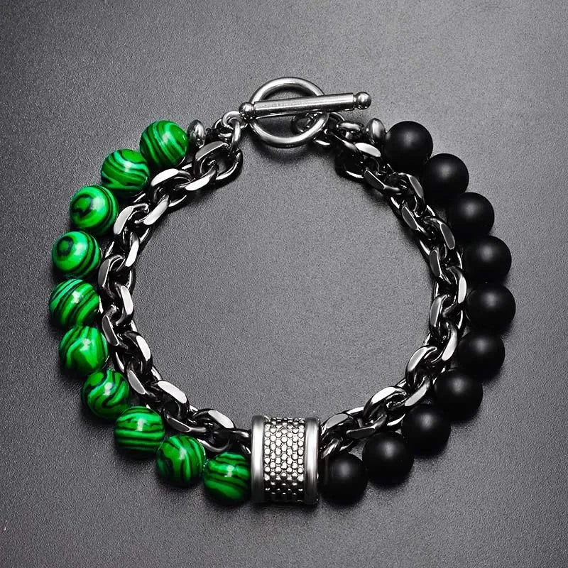 Tiger Eye Stone Beaded Bracelet Stainless Steel Gunmetal Link Chain