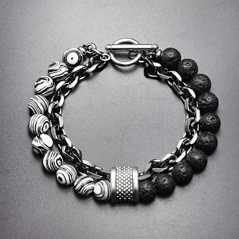 Tiger Eye Stone Beaded Bracelet Stainless Steel Gunmetal Link Chain