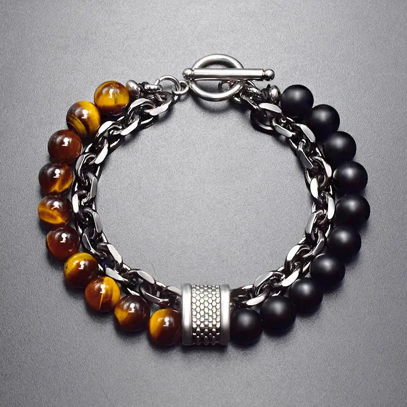 Tiger Eye Stone Beaded Bracelet Stainless Steel Gunmetal Link Chain