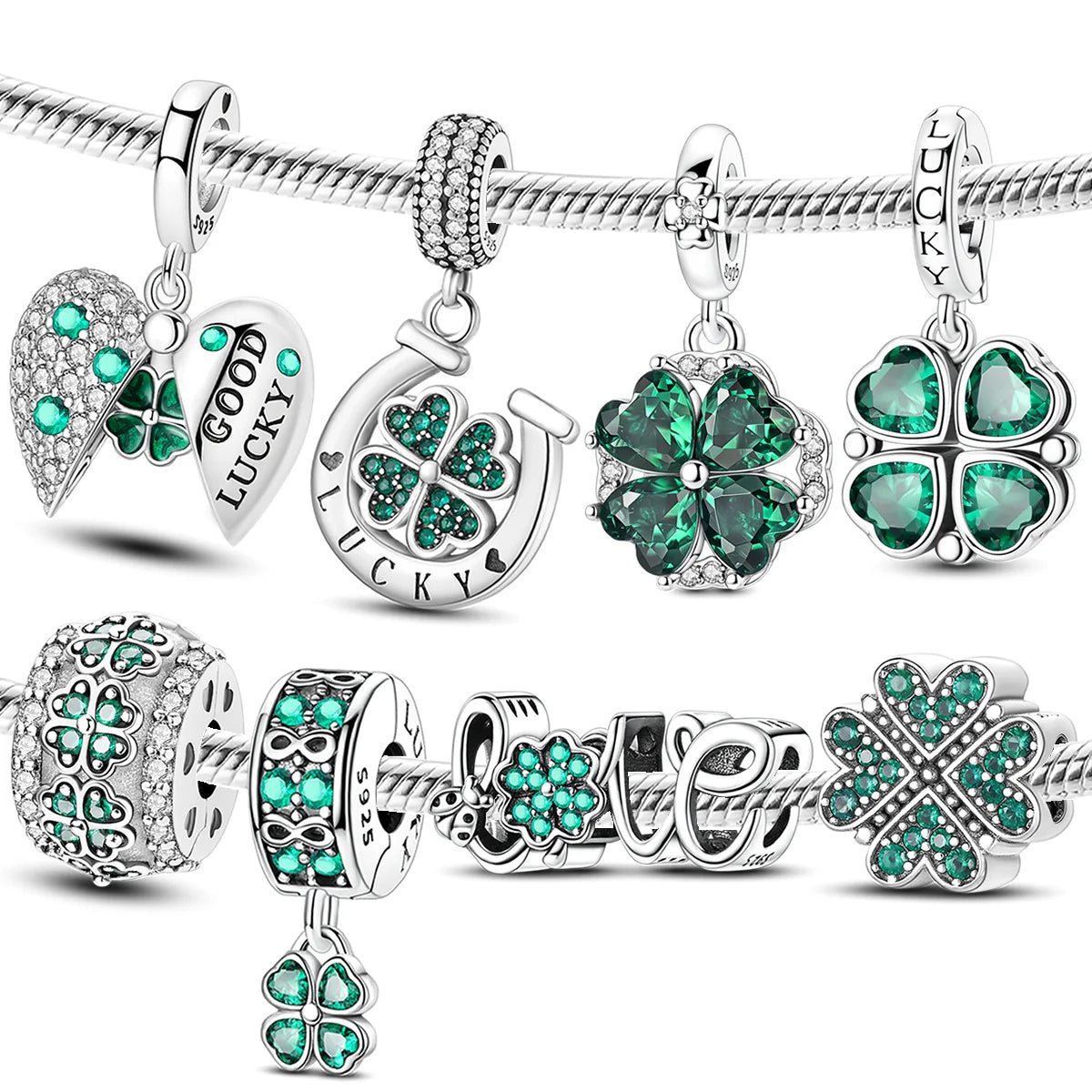 Lucky Clover Charms Bead 925 Sterling Silver Green Zircon Love Four-leaf