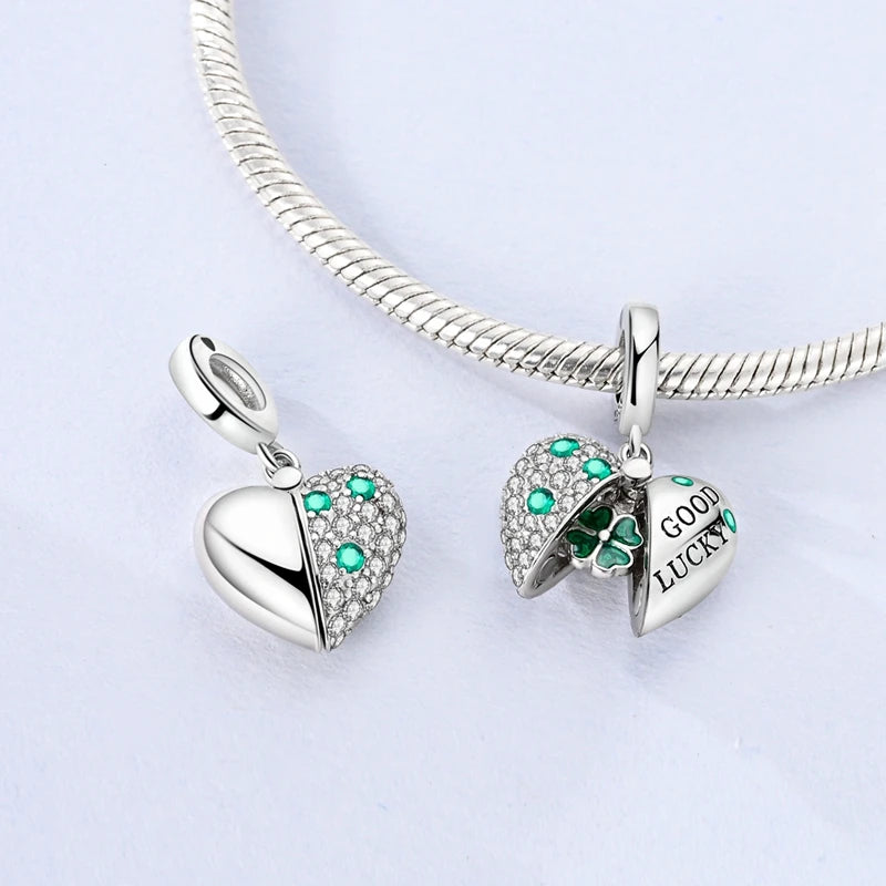 Lucky Clover Charms Bead 925 Sterling Silver Green Zircon Love Four-leaf