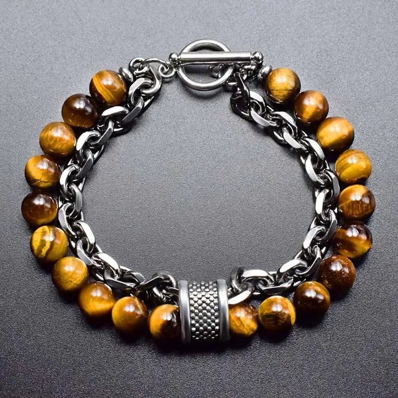 Tiger Eye Stone Beaded Bracelet Stainless Steel Gunmetal Link Chain